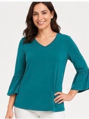 Susan Graver Liquid Knit Teal V Neck Bell Sleeve Top XS QVC A610480